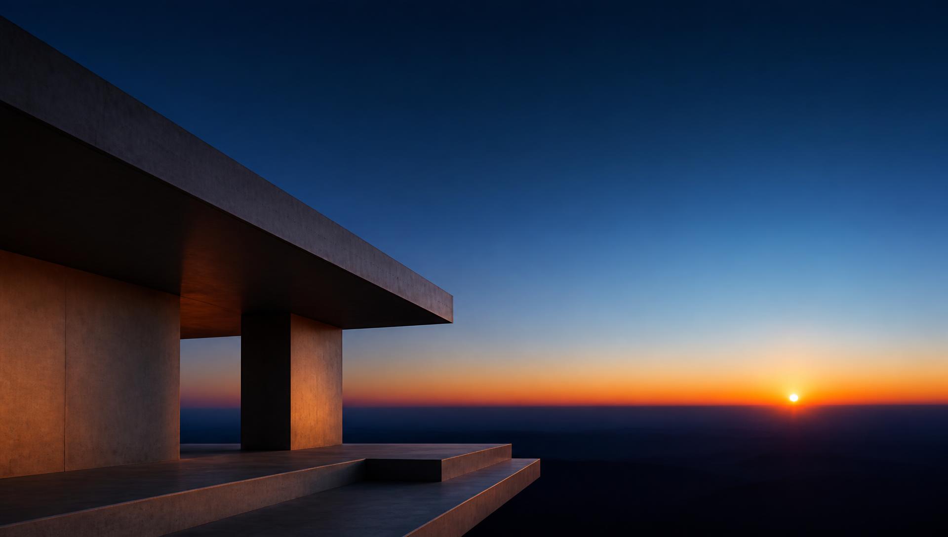 Architecture épurée face à un horizon au lever du jour